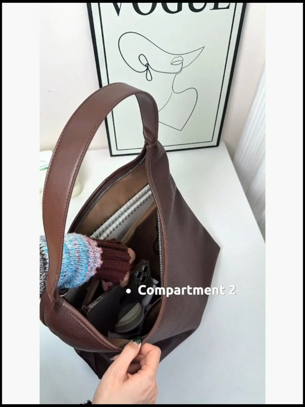 Large Full-Zip Hobo Tote Vegan Leather Slouchy Shoulder Work Bag Center Divider